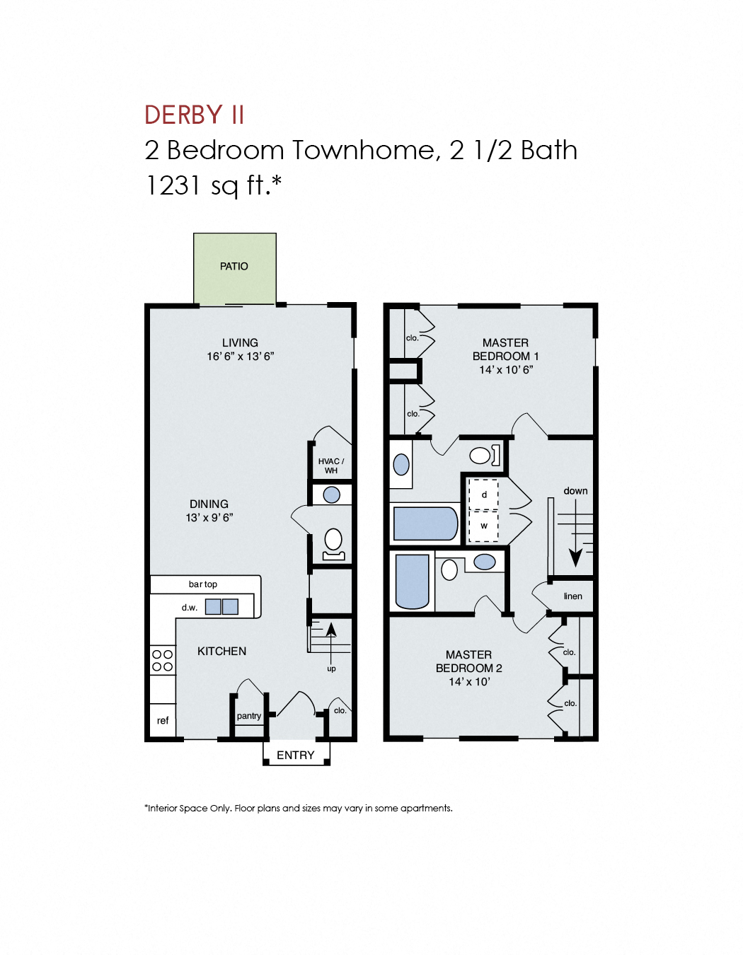 Floor plan for 2 beds, 2.5 baths, 1231 sqft